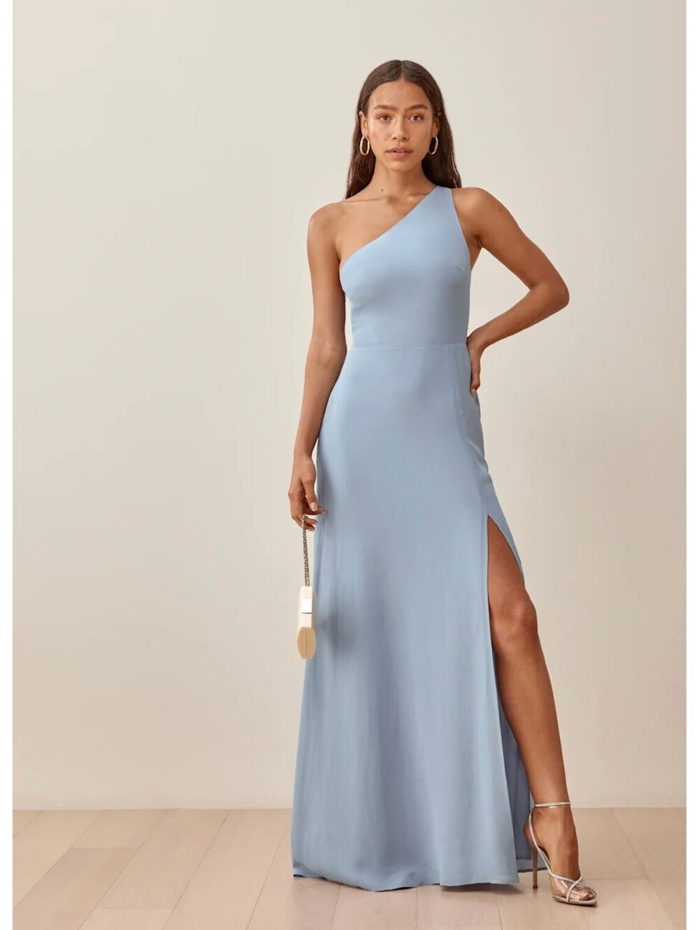Reformation Evelyn Dress Mineral Blue One Shoulder Maxi Gown NWT Size 8